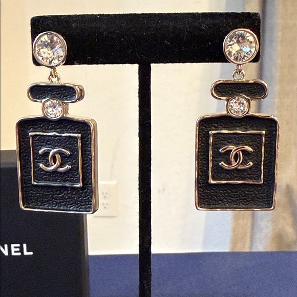CHANEL Jewelry - CHANEL | ✨NEW✨ 2023 Gold Plated & Leather Strass Perfume Bottle Earrings